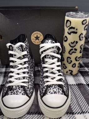 Vintage Converse High Top Squin Sneakers Snow Leopard Print,and Matching Tumbler